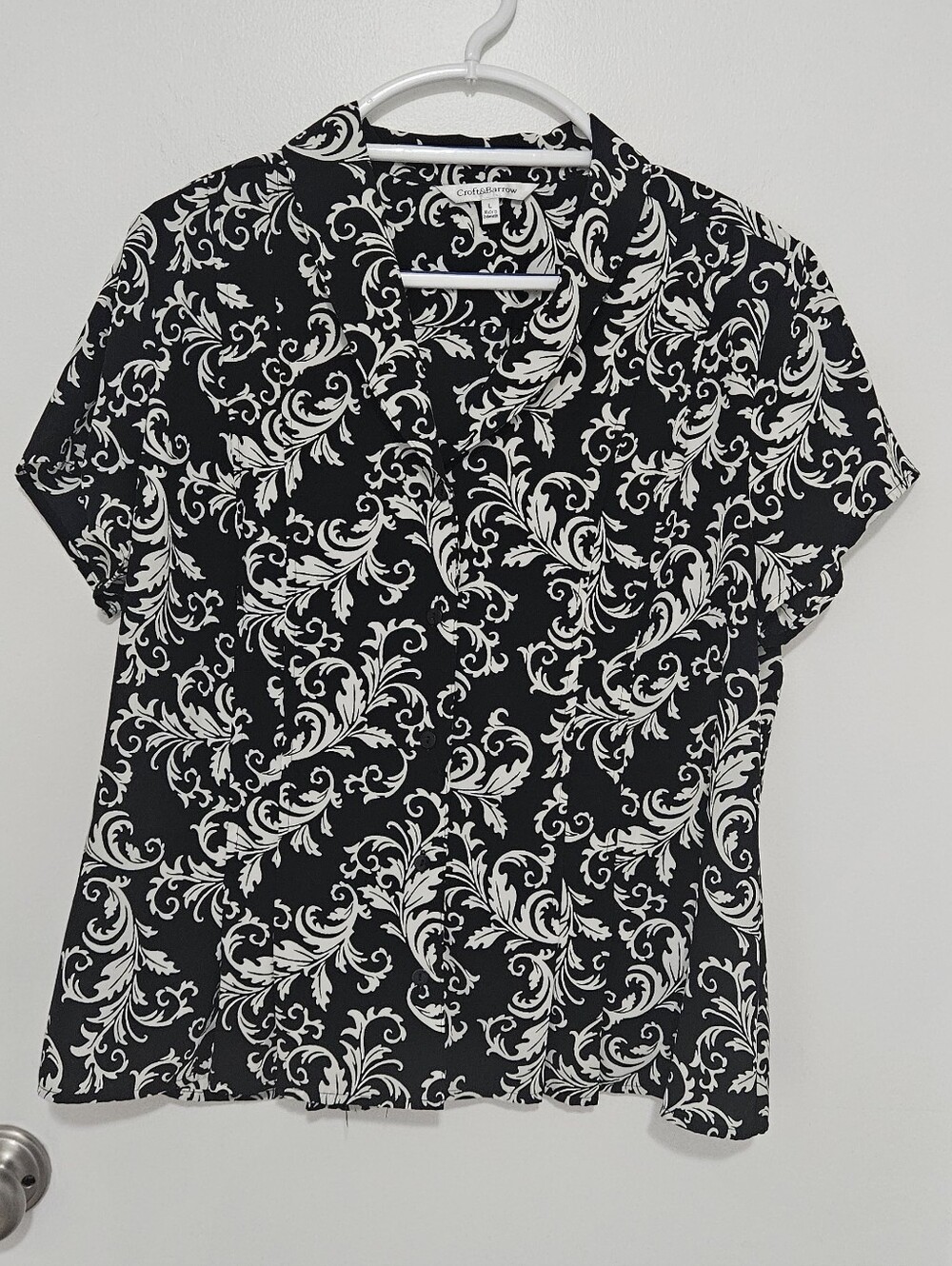 croft & barrow Black and White Scroll-Print Short Sleeve Blouse Size Large